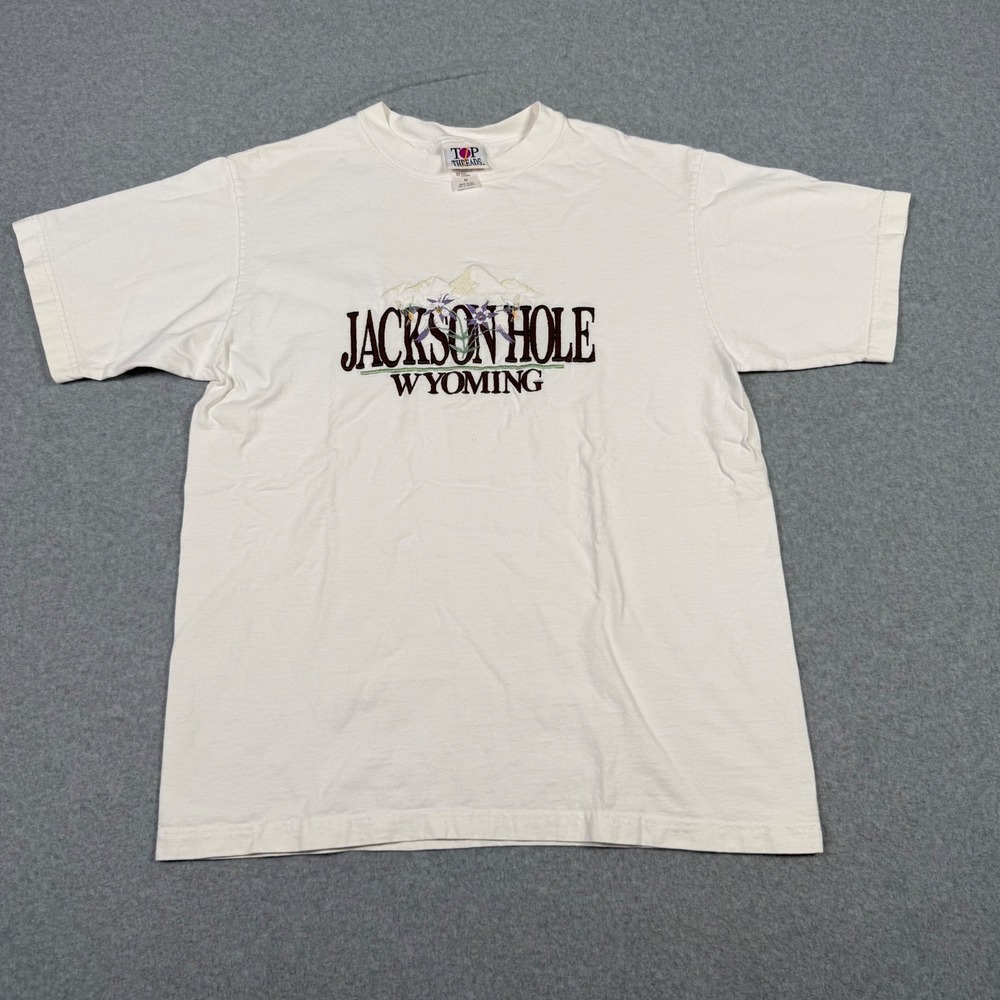 Vintage 90s Top Threads Jackson Hole Wyoming T-Shirt Medium White Embroidered